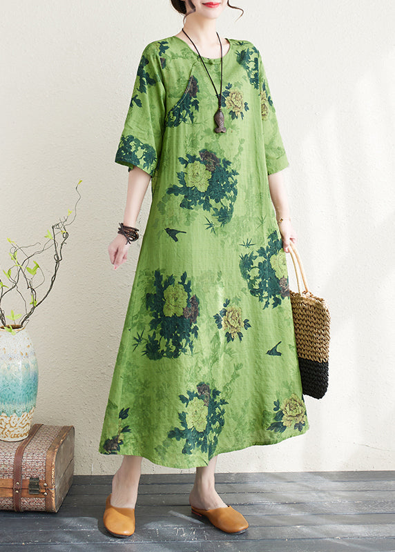 Green Print Chinese Button Linen a Line Dress Summer