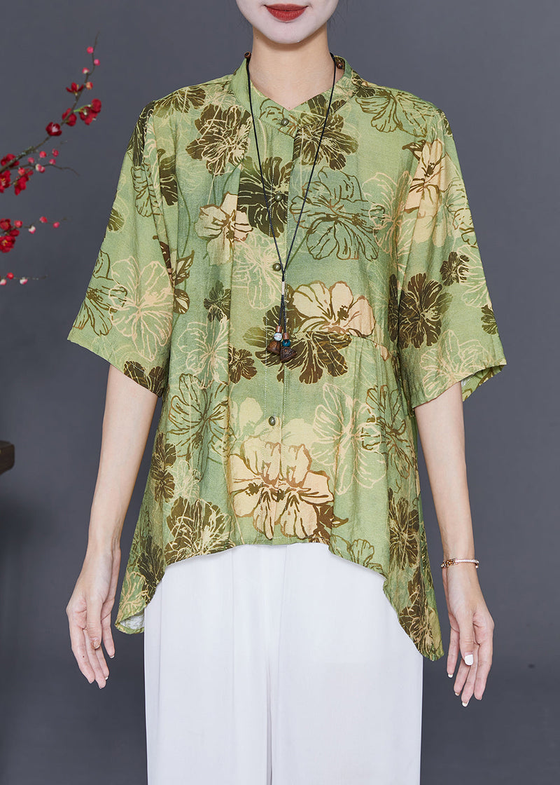 Green Print Low High Design Cotton Blouses Summer
