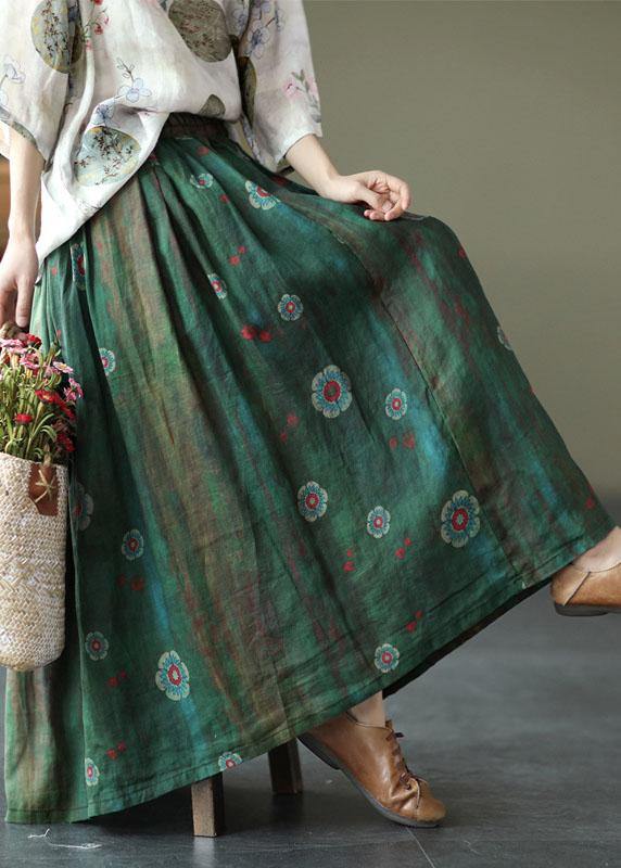 Green Print Ramie Elastic Waist Skirt
