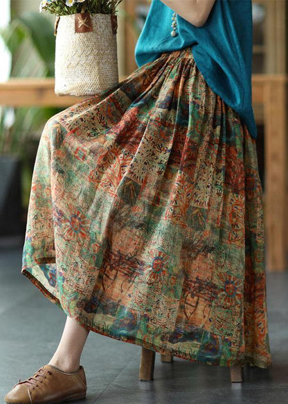 Brown Flower Ramie Elastic Waist Skirt