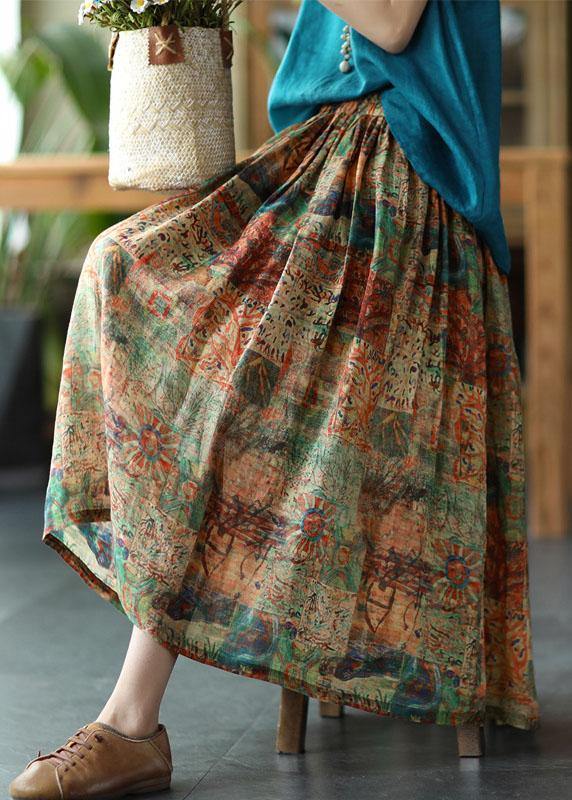 Green Print Ramie Elastic Waist Skirt