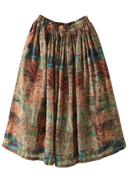 Brown and Red Stripes Ramie Elastic Waist Skirt
