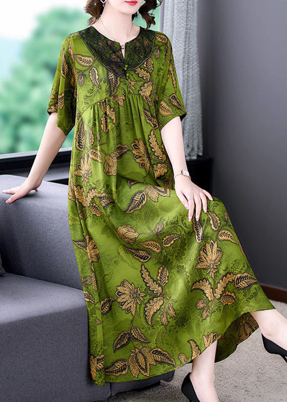 Green Print Wrinkled Patchwork Silk Long Dress Summer