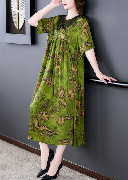 Green Print Wrinkled Patchwork Silk Long Dress Summer