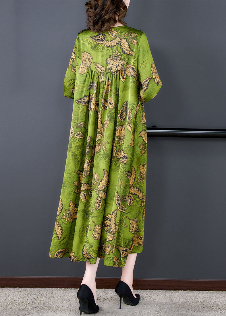 Green Print Wrinkled Patchwork Silk Long Dress Summer