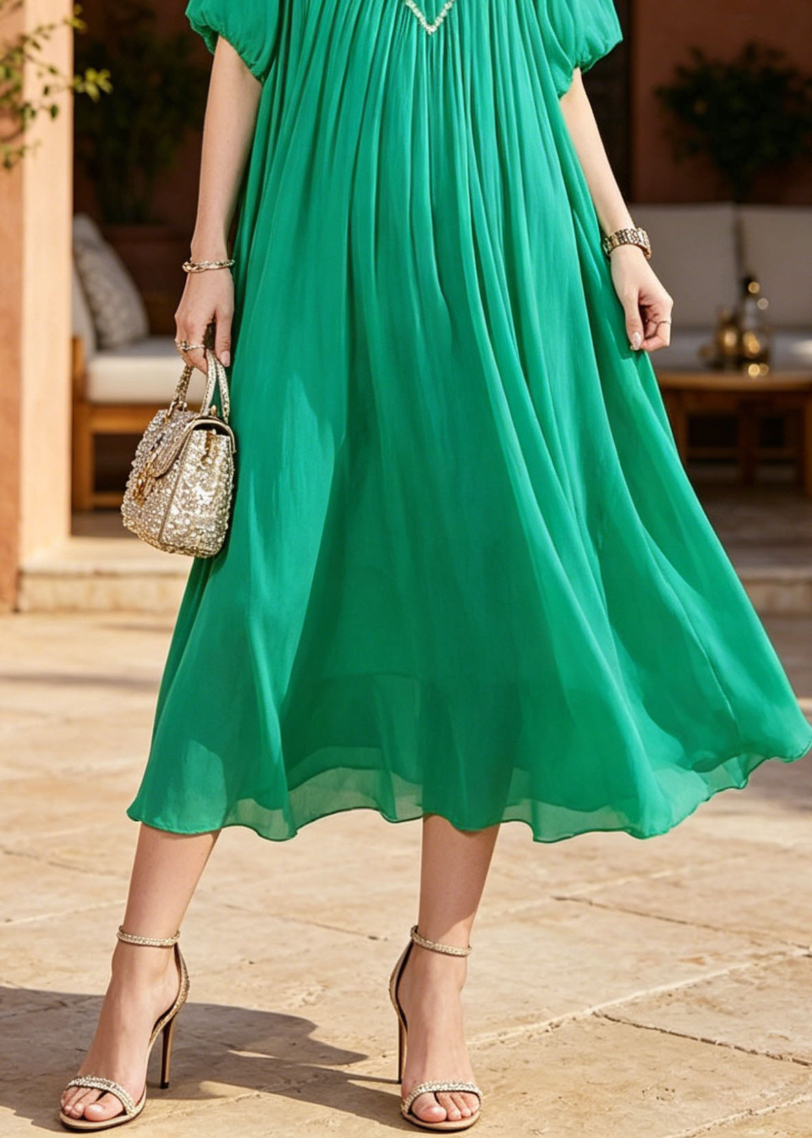 Green Puff Sleeve Nail Bead Chiffon Long Dresses