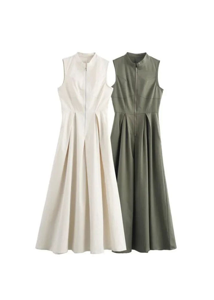 Green Round Collar Sleeveless Pleated Slim Maxi Dress