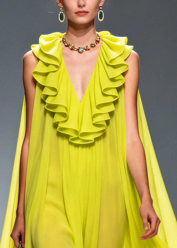 Green Ruffled Exra Large Hem Flower Chiffon Robe Dresses Summer