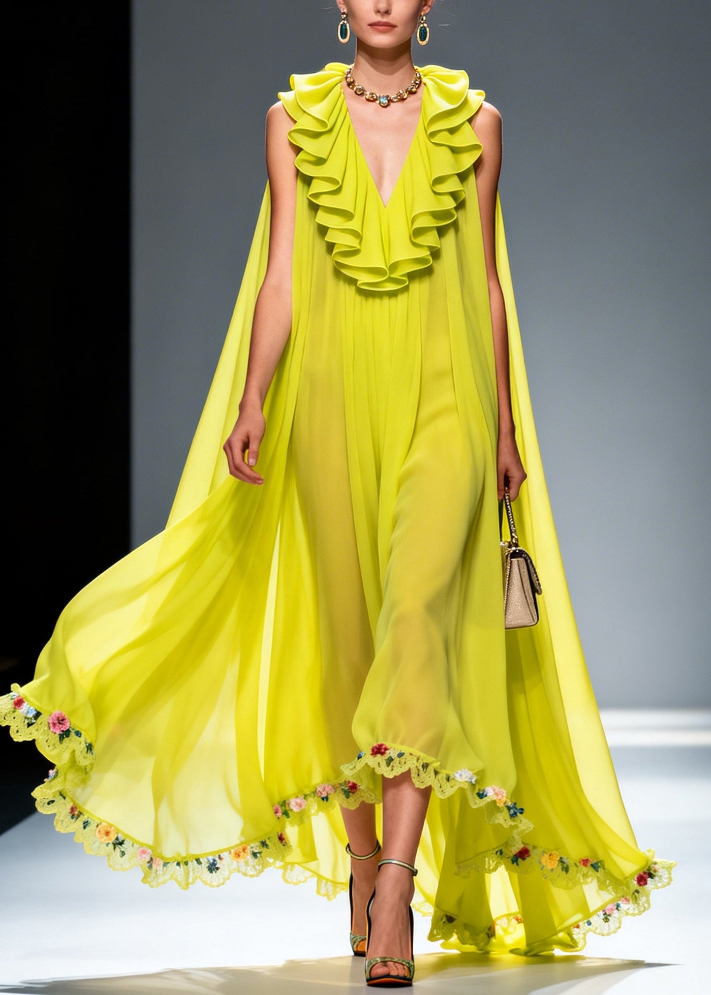 Green Ruffled Exra Large Hem Flower Chiffon Robe Dresses Summer