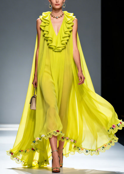 Green Ruffled Exra Large Hem Flower Chiffon Robe Dresses Summer