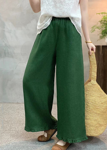 Green Ruffled Linen Wide Leg Pants Summer