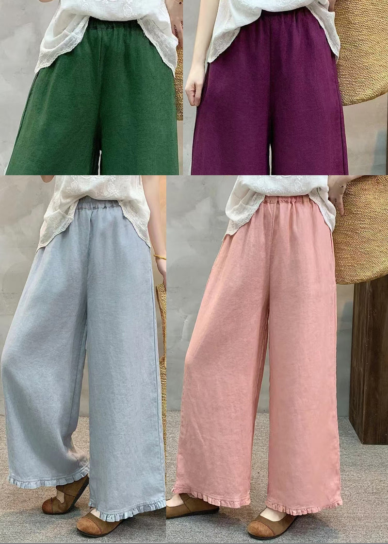 Green Ruffled Linen Wide Leg Pants Summer
