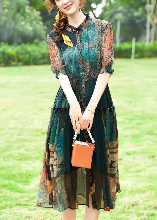 Green Ruffled Print Silk Cinched Dresses Summer