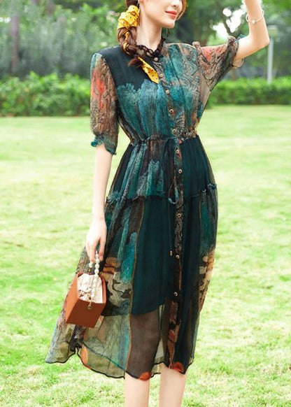 Green Ruffled Print Silk Cinched Dresses Summer