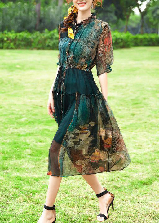 Green Ruffled Print Silk Cinched Dresses Summer