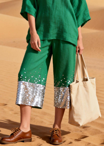 Green Sequins Patchwork Tops and Crop Pants Linen Two Pieces Set Half Sleeve