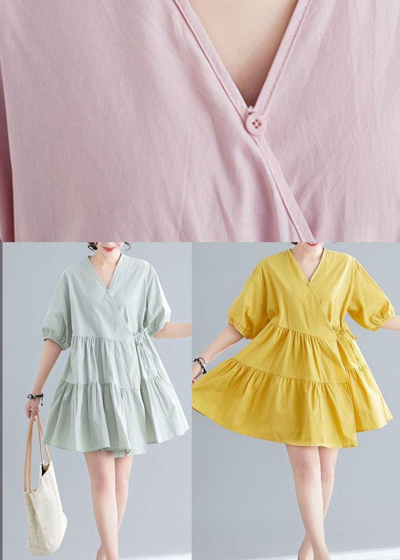 Green Short Sleeve a Line Dress Cotton