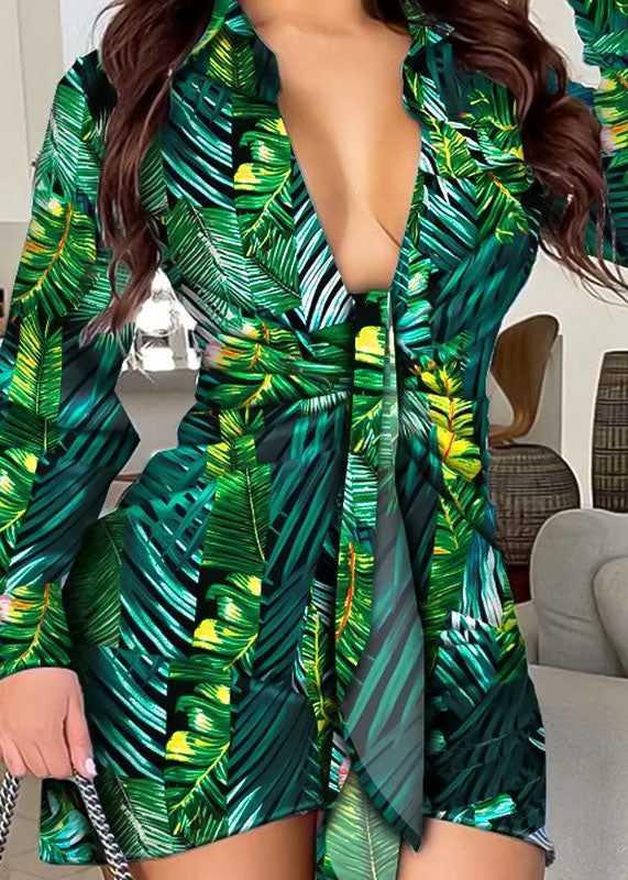 Green Slim Fit V Neck Print Dresses Long Sleeve