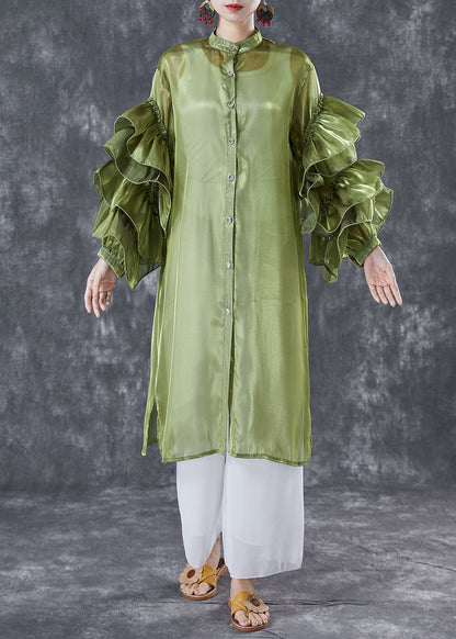 Green Stand Collar Patchwork Chiffon Holiday Dress Summer