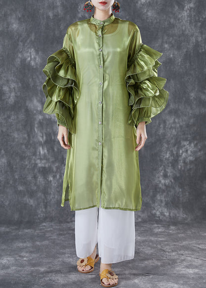 Green Stand Collar Patchwork Chiffon Holiday Dress Summer
