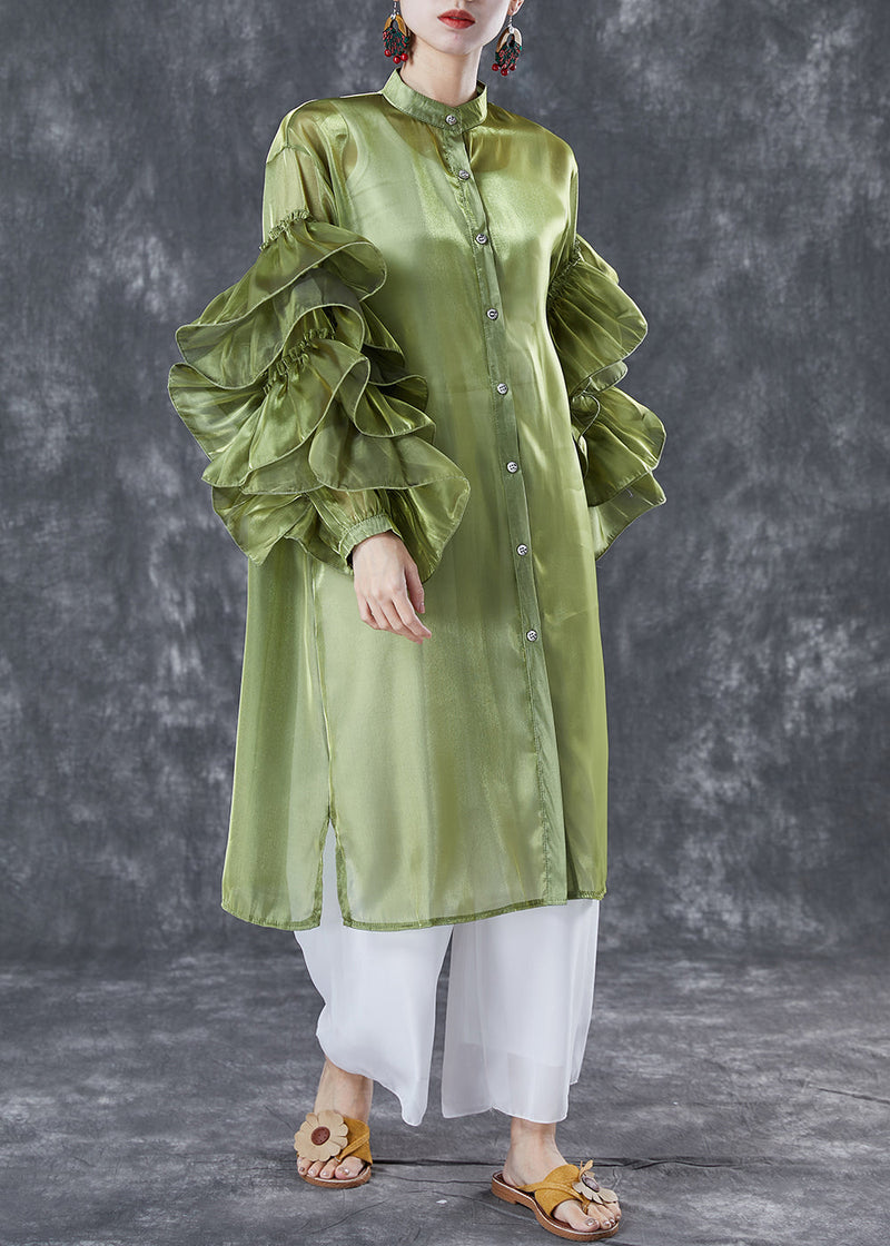 Green Stand Collar Patchwork Chiffon Holiday Dress Summer