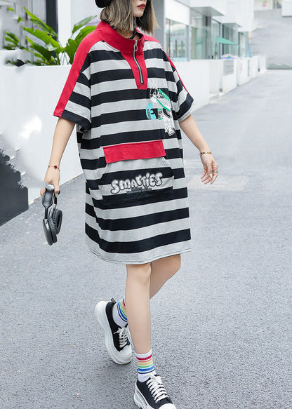 Green Stand Collar Striped Patchwork Cotton Mid Dress Summer