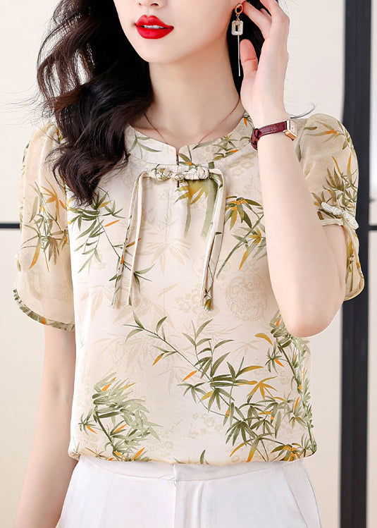 Green Tasseled Print Chiffon Blouse Top Summer