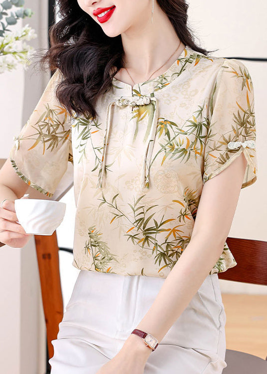 Green Tasseled Print Chiffon Blouse Top Summer
