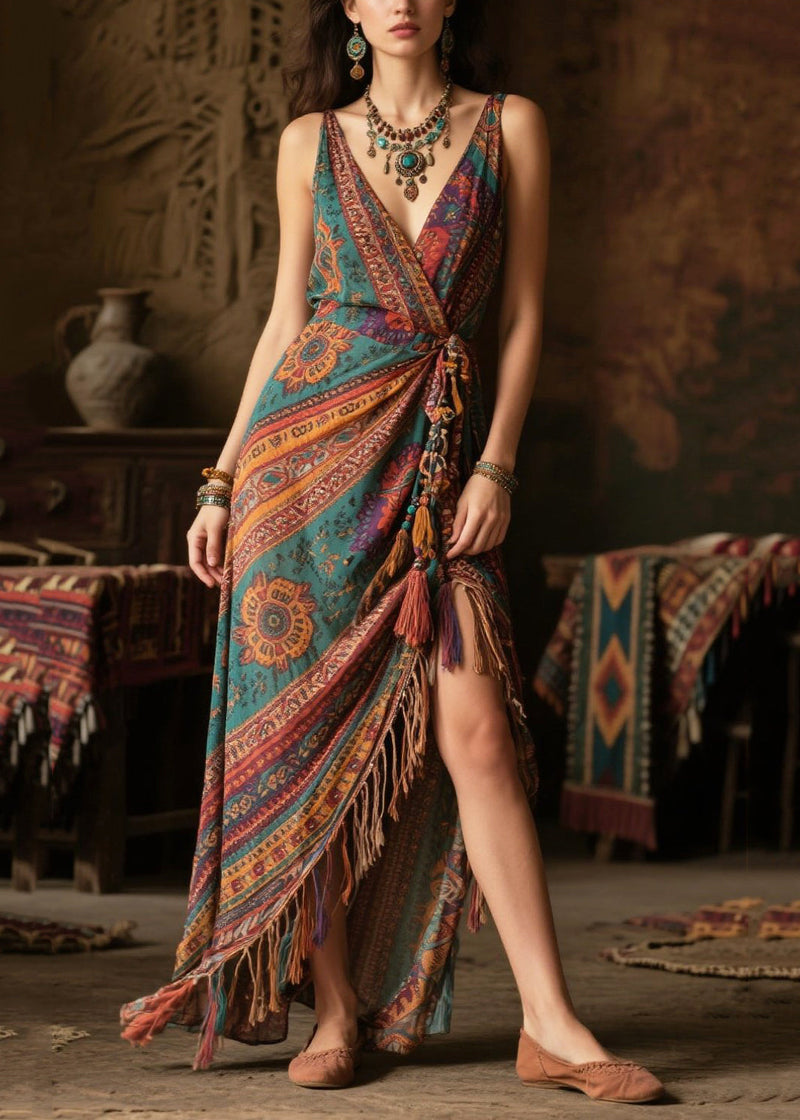 Green Tasseled Side Open Chiffon Vacation Dress Summer