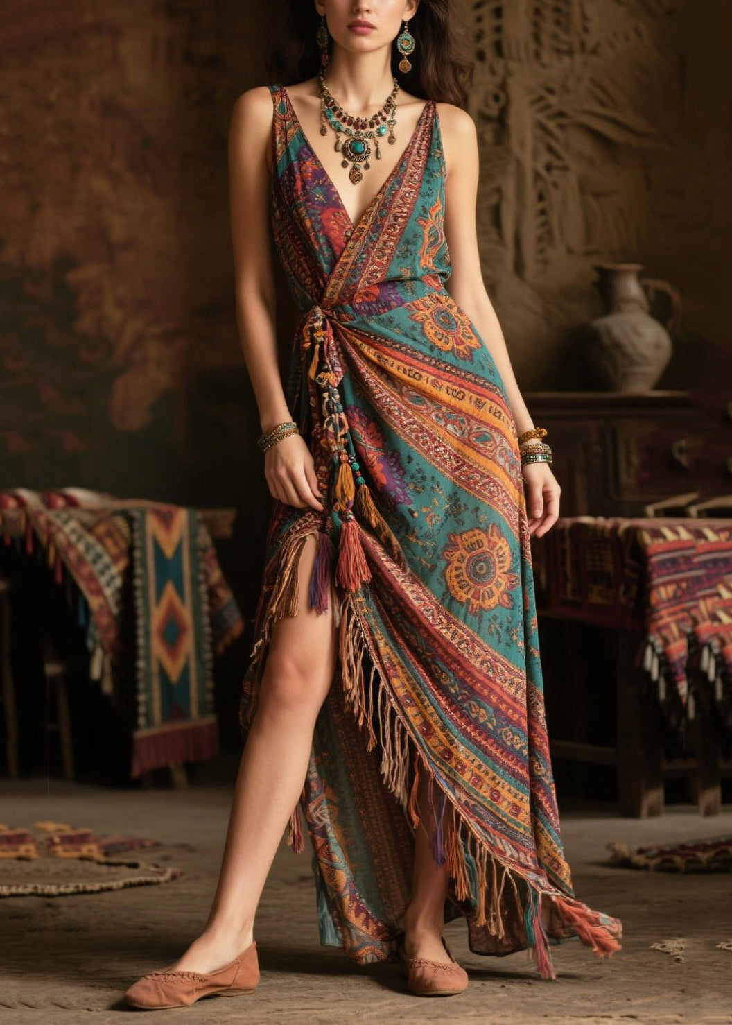 Green Tasseled Side Open Chiffon Vacation Dress Summer