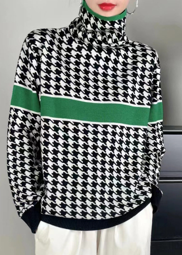 Green Turtleneck Patchwork Cotton Knit Sweaters Fall