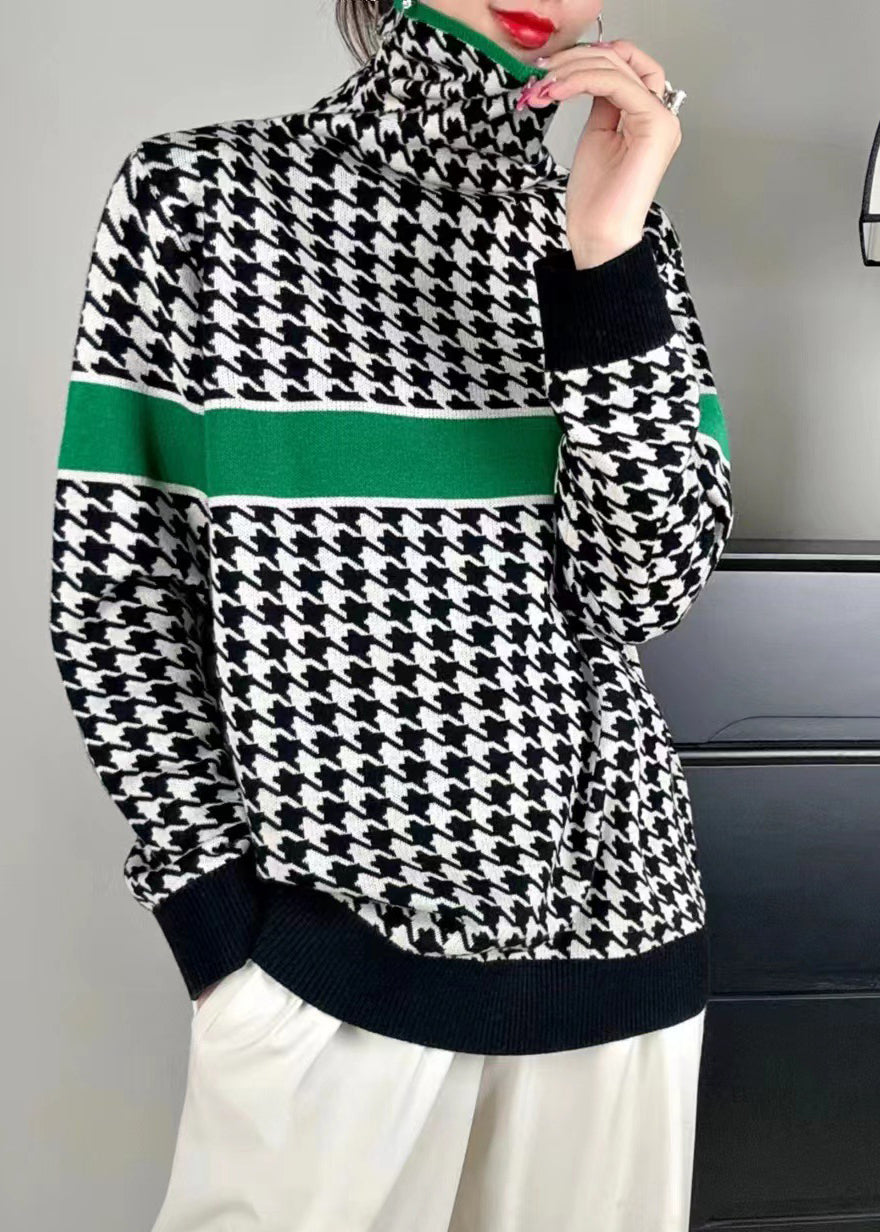Green Turtleneck Patchwork Cotton Knit Sweaters Fall