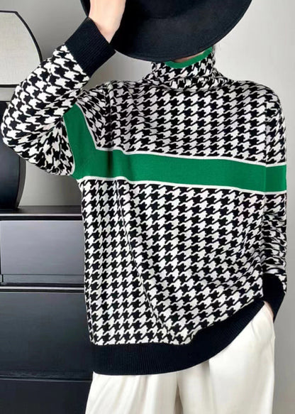 Green Turtleneck Patchwork Cotton Knit Sweaters Fall