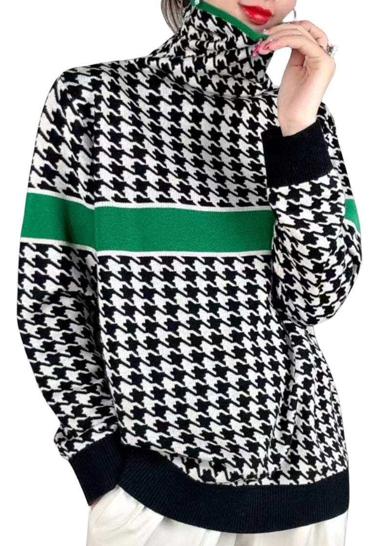 Green Turtleneck Patchwork Cotton Knit Sweaters Fall