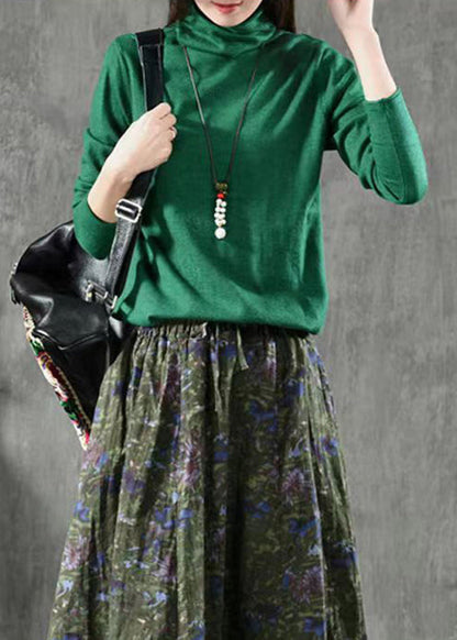 Green Turtleneck Patchwork Knitting Cotton Long Sleeve