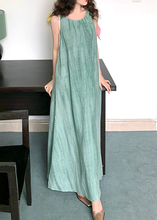 Green U Neck Wrinkled Linen Long Dress Sleeveless