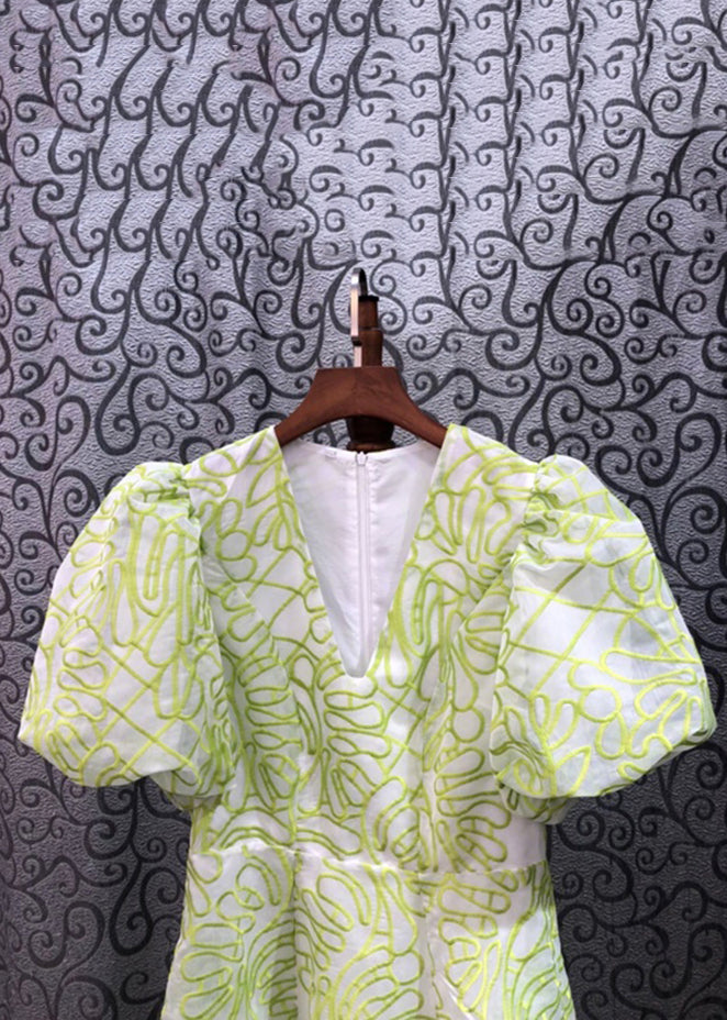 Green V Neck Embroidered Cotton Mid Dress Summer