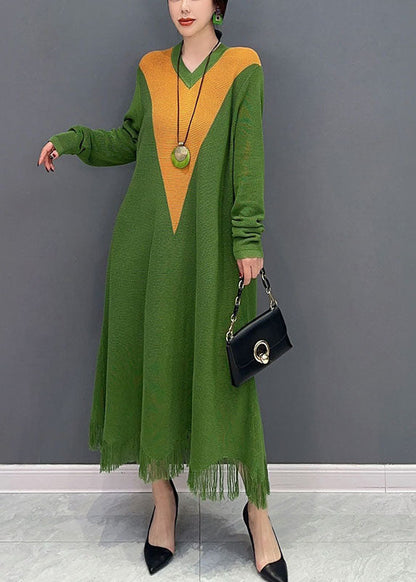 Green V Neck Patchwork Knit a Line Dress Spring