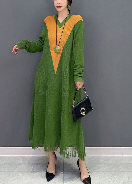 Green V Neck Patchwork Knit a Line Dress Spring