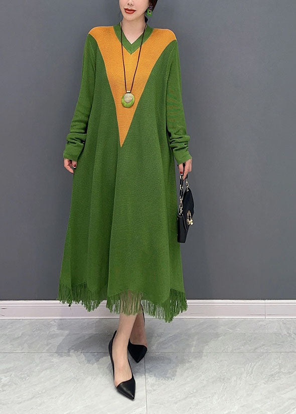 Green V Neck Patchwork Knit a Line Dress Spring