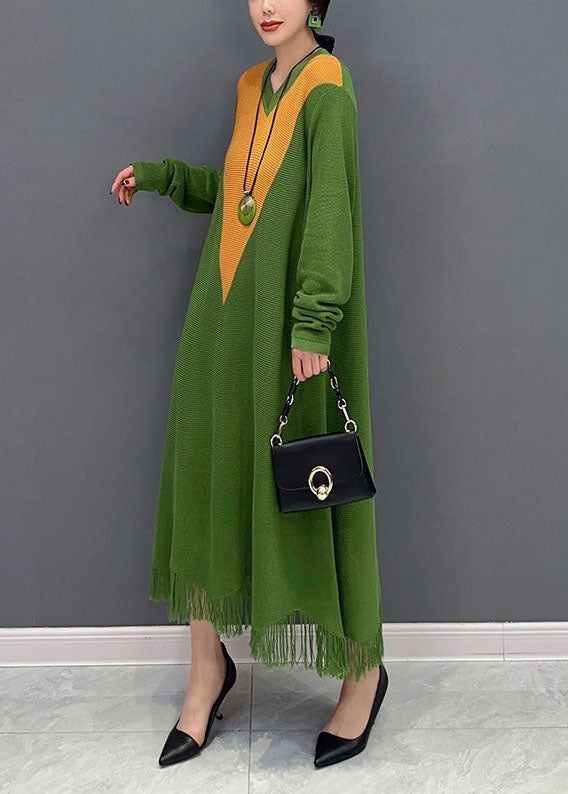 Green V Neck Patchwork Knit a Line Dress Spring