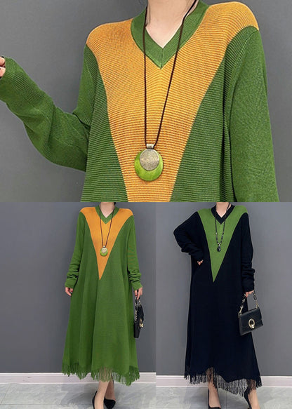 Green V Neck Patchwork Knit a Line Dress Spring