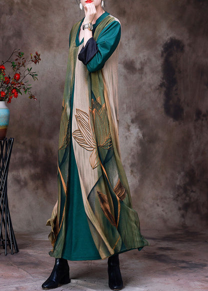 Green V Neck Patchwork Layered Silk Vacation Dresses Bracelet Sleeve