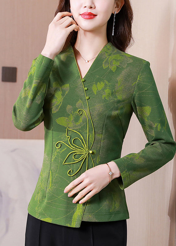 Green V Neck Patchwork Slim Fit Silk Tops Spring