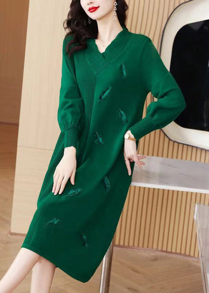 Green V Neck Patchwork Woolen Knit Sweater Dress Winter