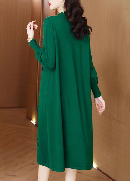 Green V Neck Patchwork Woolen Knit Sweater Dress Winter