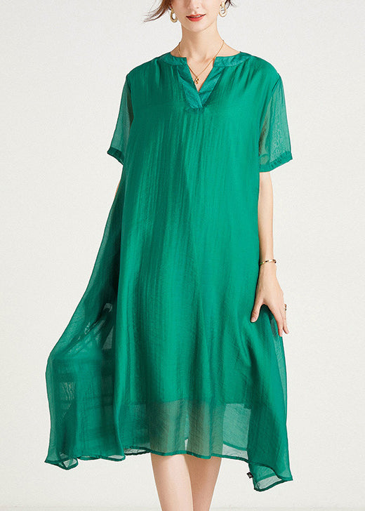 Green V Neck Cotton Dresses Summer