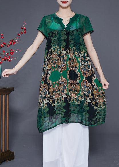 Green V Neck Print Chiffon Holiday Dress Summer