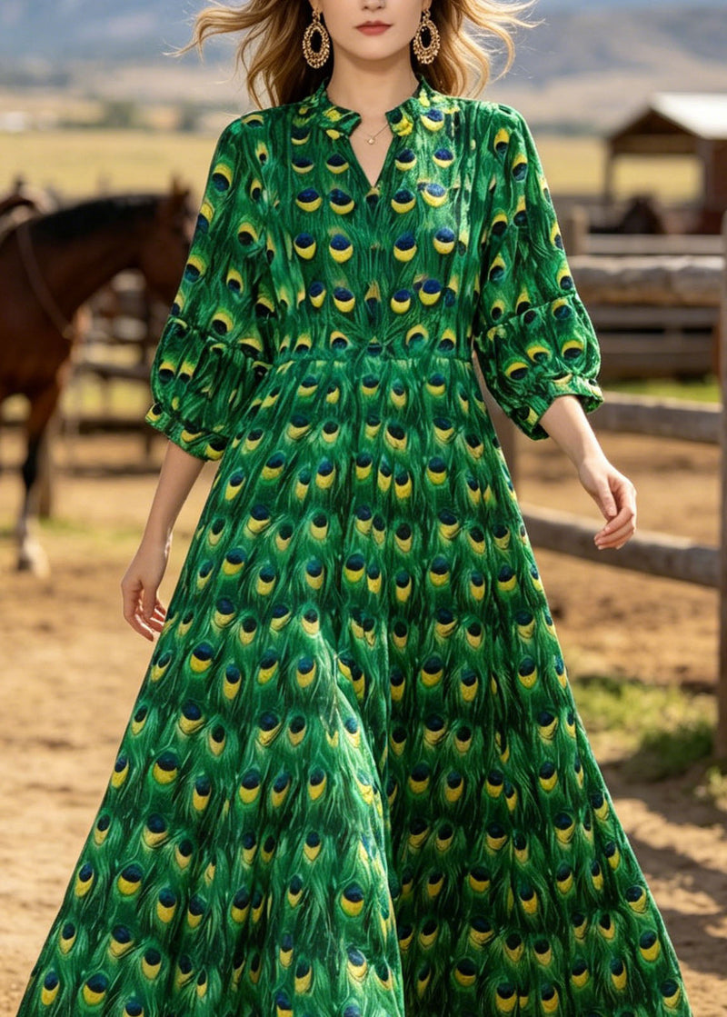 Green V Neck Print Cotton Long Dresses Summer