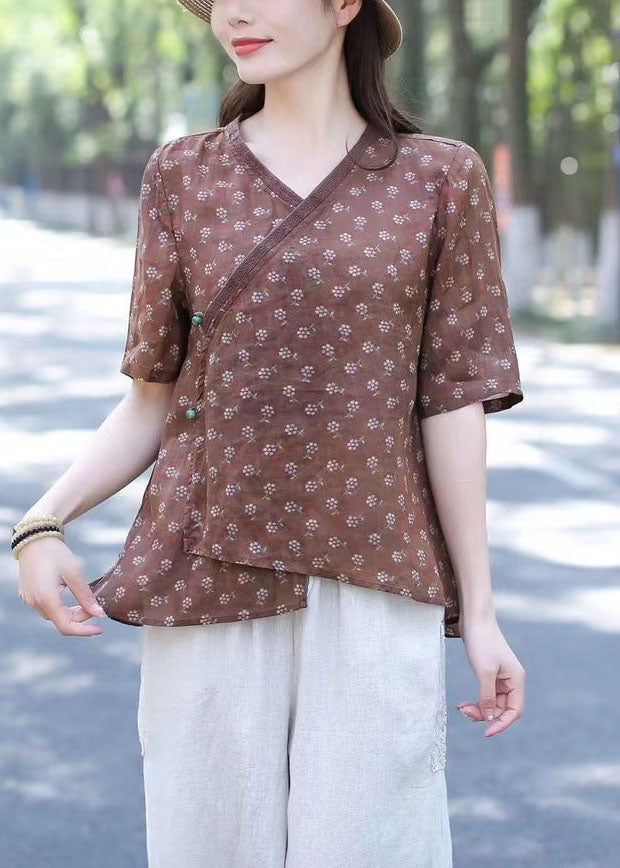 Green V Neck Print Patchwork Linen Blouses Summer